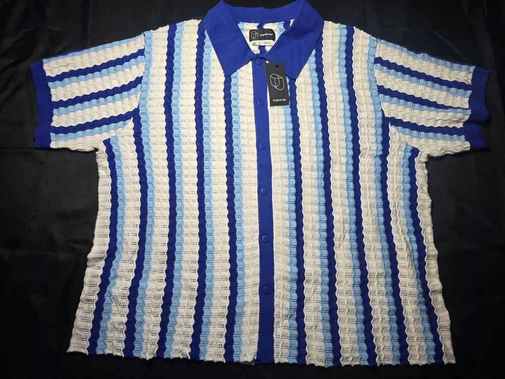 Original Use Blue White Striped Knit Polo Sweater Shirt Cotton